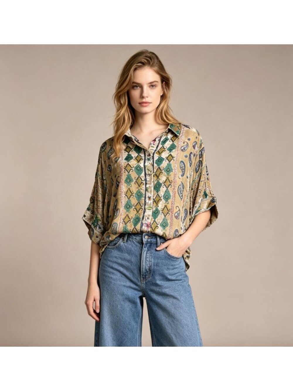 $377 NWOT Johnny Was Velvet Silk Blend Paisley Print Oversized Shirt Blouse Sz S